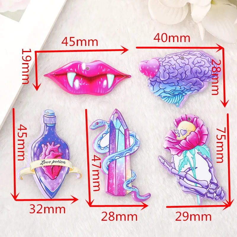 10Pcs Creepy Valentine Acrylic Charms Magic Snake Heart Skull Flower Pendant For Earring Necklace Diy Making