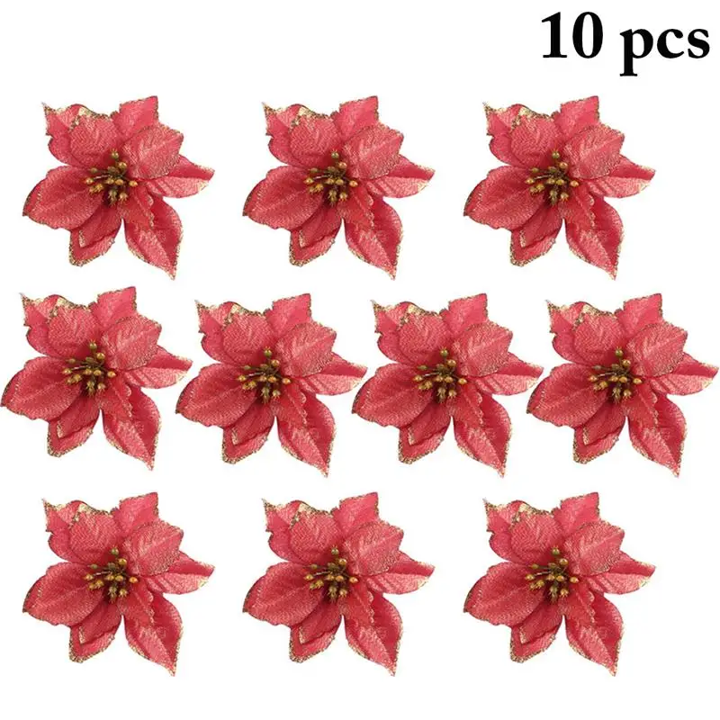 10PCS Christmas Flowers Xmas Christmas Tree Decorations Glitter Wedding Party Artificial Flowers Decor Drop Shipping - Цвет: Красный