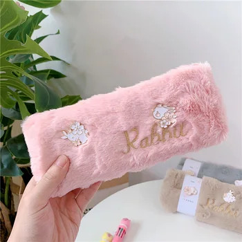

Korea ins cute rabbit plush pencil bag student simple zipper stationery bag english embroidery storage bag