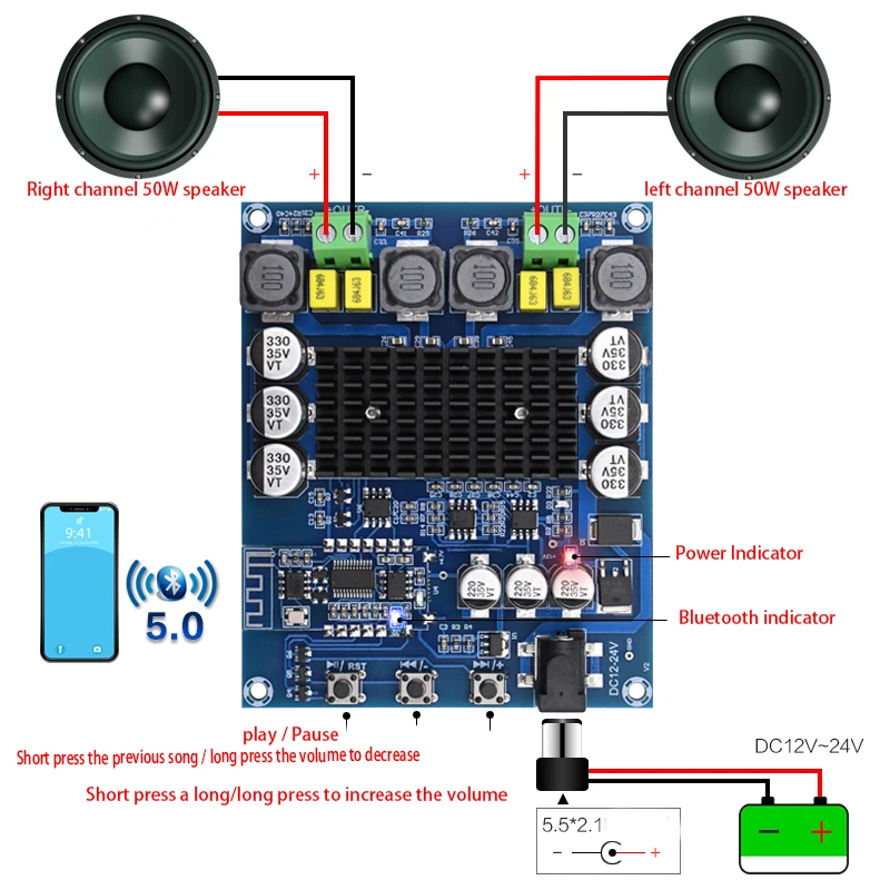 KYYSLB 50 Вт* 2 DC12~ 24 В 5,0 Bluetooth усилитель плата TPA3116D2 класс двухканальный стерео цифровой усилитель плата XH-A304 4~ 8 Ом