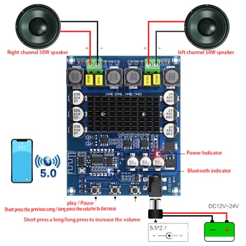 

KYYSLB 50W*2 DC12~24V 5.0 Bluetooth Amplifier Board TPA3116D2 Class Two-channel Stereo Digital Amplifier Board XH-A304 4~8 Ohm