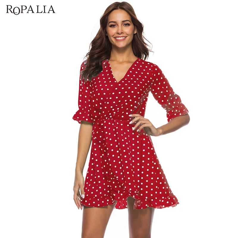 

V-Neck Ruffled Dress Female Short Sexy Square Dot Pattern Highlights Vestidos Sweet Temperament Dresses