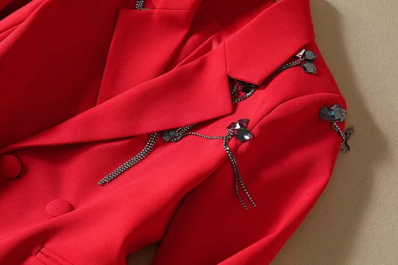 High Quality Women's Set Clothing Autumn Blazer Suit Ladies Tassel Beading Blazer Jacket+Ankle Length Pants Sets Red Black