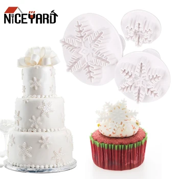 

Snowflake Cake Mold Chocolate Cookie Candy Plunger Mold Snow Shape Fondant Pastry Cutter Cake DIY Decorating Tools 3pcs/set