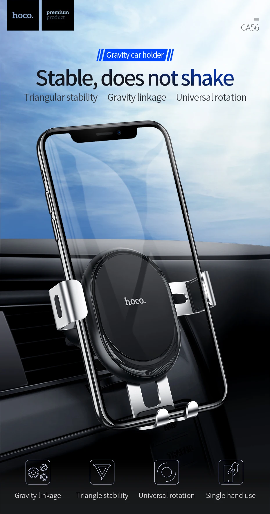 HOCO Универсальный Автомобильный держатель для телефона с гравитацией для iPhone 11 Pro samsung, держатель для телефона, подставка, металлический держатель для телефона с вентиляционным отверстием, gps держатель для сотового телефона