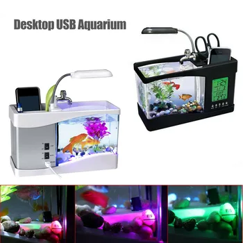 

USB Mini Plastic Fish Tank Aquarium With pen holder LED Lamp Light LCD Screen Alarm clock calendar temperature Home Decoration