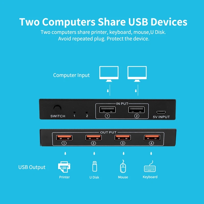 Usb-коммутатор 2X4 периферийный коммутатор 2 компьютера, разделяющие 4 usb-устройства Usb2.0 концентратор для мыши/U диск/клавиатура/камера/принтер