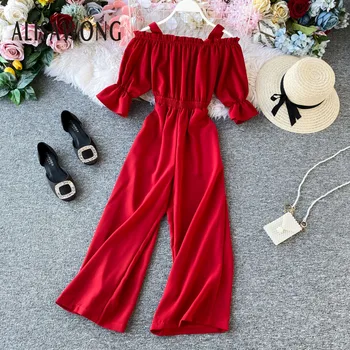 

Women Sexy Off The Shoulder Wide Leg Playsuit 2020 Spring Summer New Fashion Ruffle Layer Strapless Elastic Waist Slim Jumpsuits