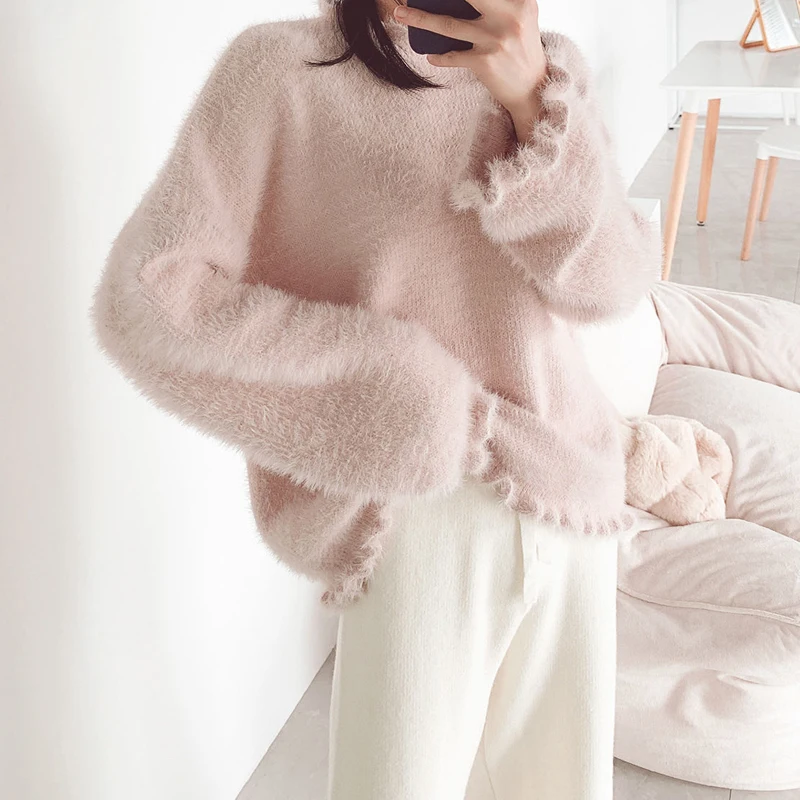 Милый вязаный женский свитер с имитацией кроличьего меха, корейские свободные Осенние Теплые женские свитера - Цвет: 1