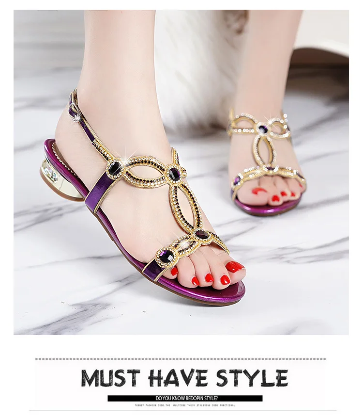 Bohemia Rhinestone Thick Heel Gladiator Sandals For Woman 2020 Summer New Roman Sandals Lady Shoes Crystal Open-Toe Women Sandal (8)