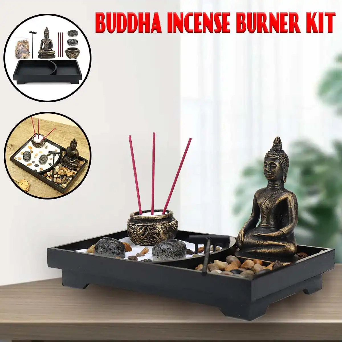 Zen Garden Sand Tray Kit Buddha Meditation Incense Burner Rake Feng Shui Decor 