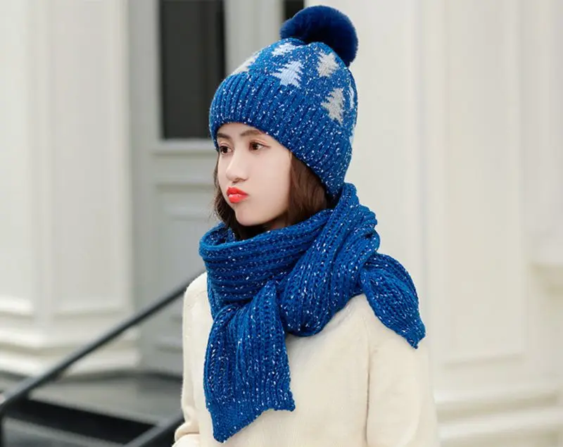 Вышивка Рождественская елка шапочка шарф Набор pom poms шляпа Толстая теплая женская зимняя шапка набор - Цвет: blue