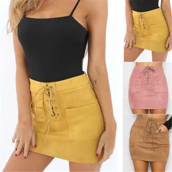 

Women Leather Suede Lace Up Bandage High Waist Skirt Party Pencil Short Mini Skirt Ladies Womens Brief Solid Daily Skirts