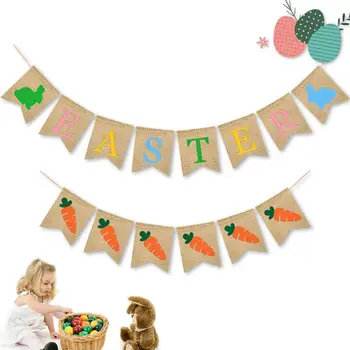 

1 Set Easter Burlap Banner Rabbit Carrot Print Bunting Pull Flag Garlands Photo Prop Vintage Holiday Party DIY Decor