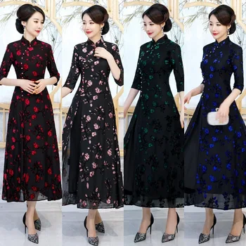 

FZSLCYIYI 2019 New Rayon Traditional Chinese Dress Vintage Lady Flower Vietnam Aodai Qipao Summer Sexy long Cheongsam