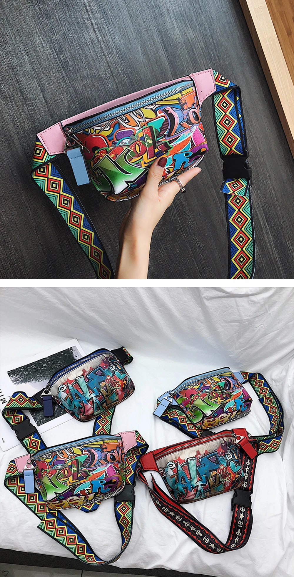 B02087 шикарный уличный пояс Сумка Женская поясная сумка Модная красочная граффити нагрудная сумка для девочек маленькая сумка через плечо