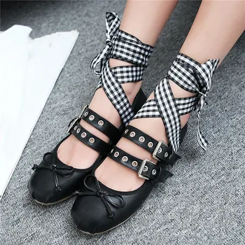 

Brand Designer Bow Flat Shoes Women Flats Ballet Round Toe Buckle Strap Casual Ladies Ballerina Shoes Pink Black Plus Size 42 43