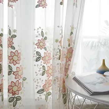 

Pink Floral Embroidered Curtains for Living Room Organza Countryside Rural Elegant Bay Window Treatment Drapes Tenda JS151C