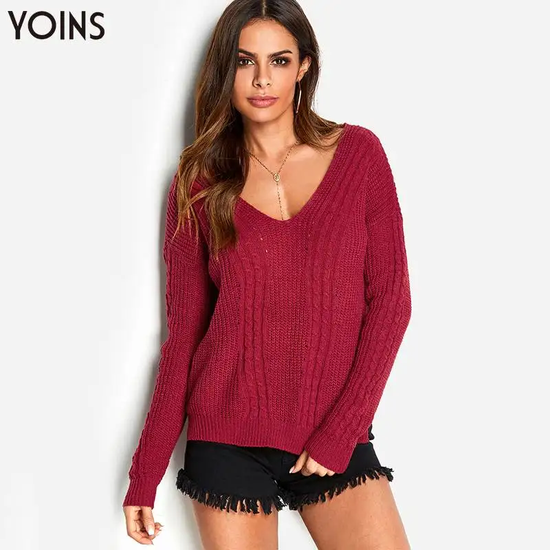 YOINS 2019 весна осень зима женские свитера джемпер перекрестный v-образный вырез