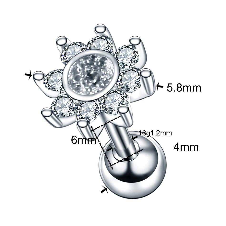 1 шт. CZ хрящи гвоздики цветок Orelha спираль шпильки пирсинг драгоценный камень Tragus раковины Грач серьги штанги пирсинг подарок ювелирные изделия 16 г - Metal color: Style15
