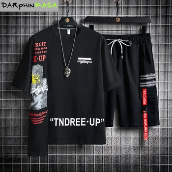

DARPHINKASA Men's set 2020 Summer Men's suit Men's clothing Ropa Casual Print Loose Sweatshirt Two Piece suit T-Shirts+Shorts