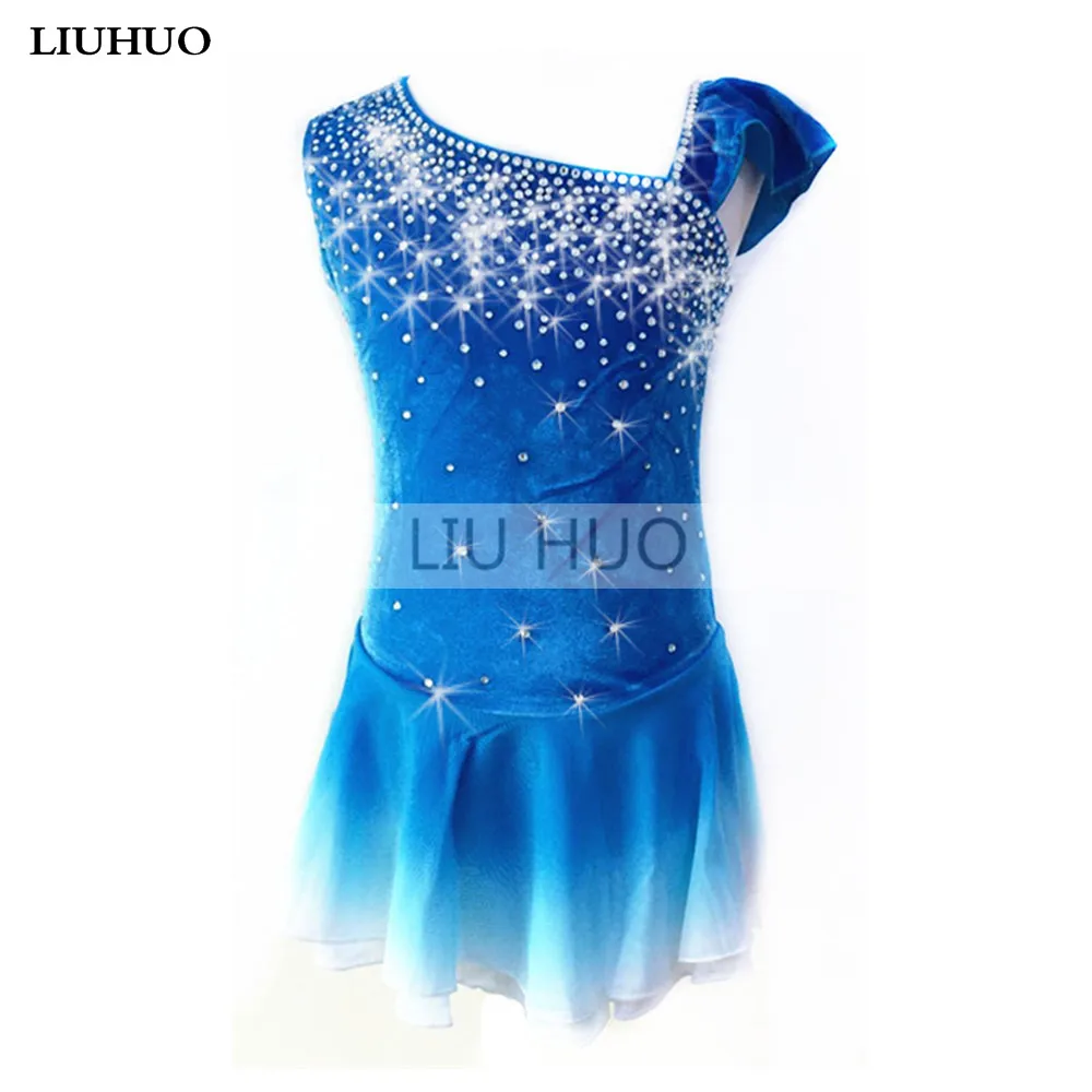 LIUHUO Women Girls Costume Performance Children Gymnastics Ballet Competition Leotard Ice Figure Skating Dress Dance Blue Velvet
