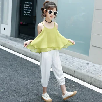 

4-12Years Summer Girls Clothing Sets Baby Kids Girl Clothes Chiffon sleeveless Vest+Shorts 2Pcs Suit Teen Children Outfits