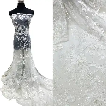 

2020 New Desigh High Quality Handwork Wholesale Price Embroidery Sequins Beads Pure White Color Lace Fabric For Wedding Dressing