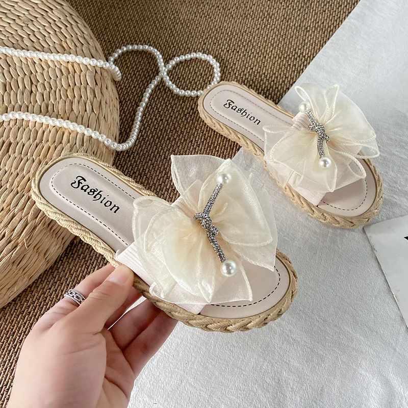 New Ladies Slippers Fairy Style Indoor and Outdoor Wear Net Yarn Bow Knot Beach Flip Flops Fashionable Convenient | Обувь