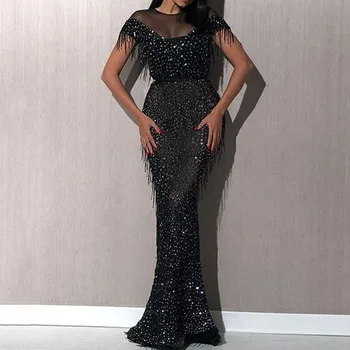 

Black Prom Dress Scoop Neck Mermaid Beading Sequins Floor Length Sleeveless Women Evening Party Formal Prom Dresses