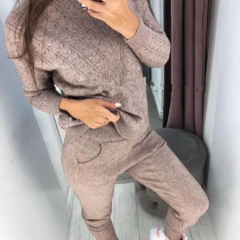 

LITTHING Woman Suits Wool Warm Knitted Sets Turtleneck Twist Sweater+pant Two Piece Set Female Winter Suit Woman Sport Costumes