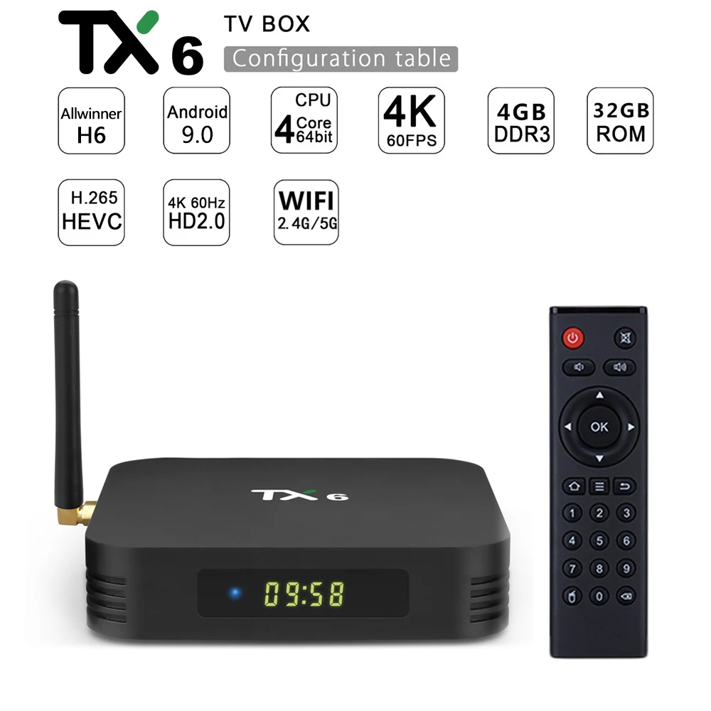 TX6 4 Гб ОЗУ 32 Гб 64 Гб ПЗУ Смарт Android 9,0 ТВ приставка Allwinner H6 медиаплеер 2,4G 5G Wifi Bluetooth 4,1 4K HD 2G 16G телеприставка
