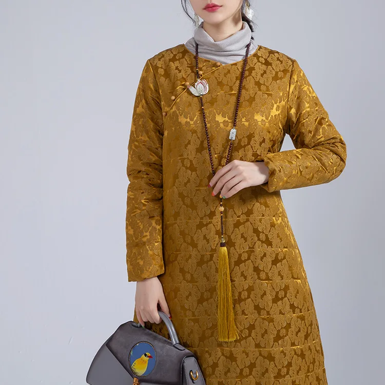 

Zeho Hall 2019 Autumn & Winter Gold Real Silk Jacquard Mid-length Cotton Coat Literature And Art Retro Long Meditation WOMEN'S D
