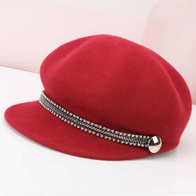 H293 Korean Women Wool Beret Hat Fashion Rhinestone Chain Woolen Felt Berets Cap Ladies Autumn Winter British Retro Casual Caps