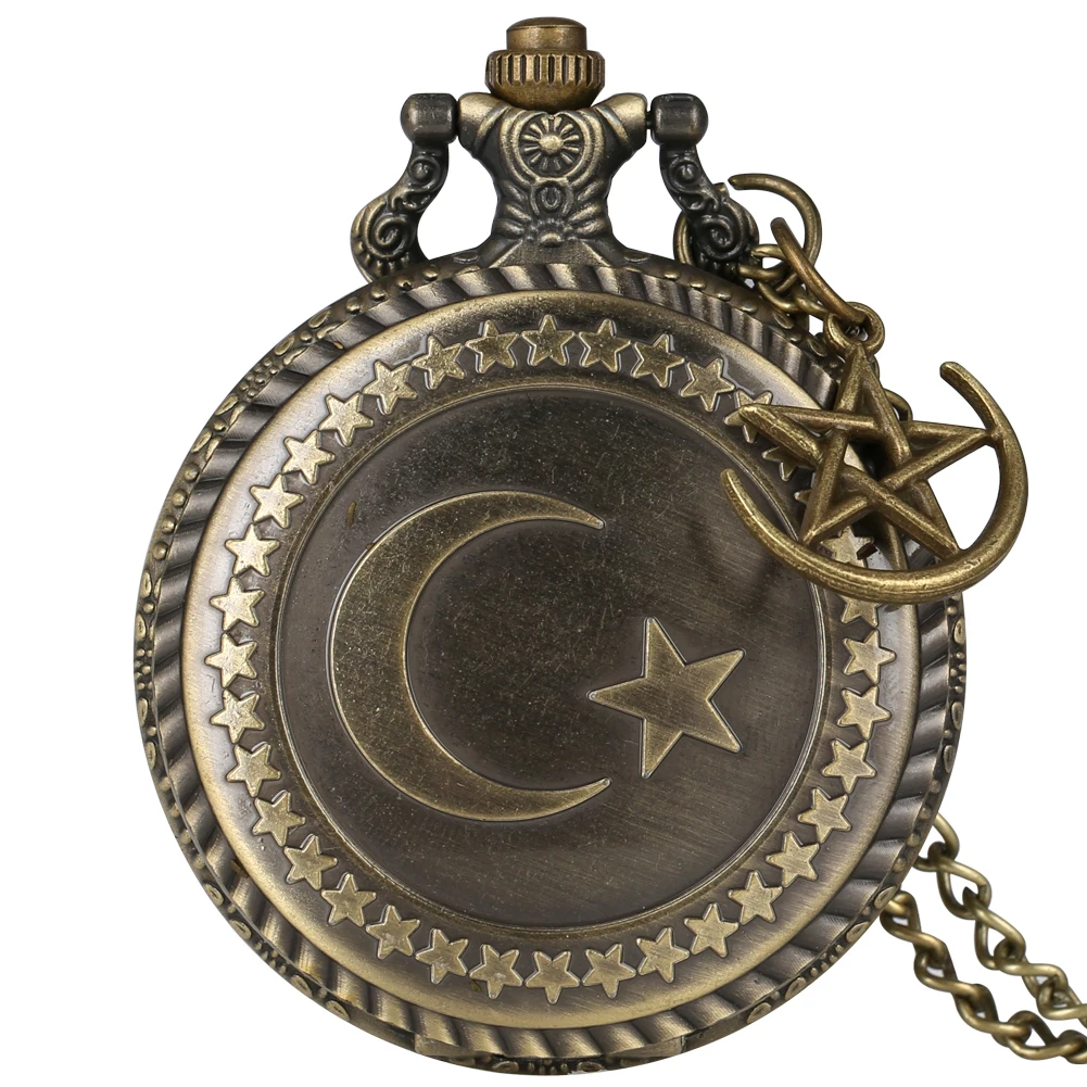 Бронзовый флаг Турции дизайн Луна Звезда круг кварцевые карманные часы резьба ремесло кулон ожерелье аксессуары винтажные часы подарок для мужчин - Цвет: with pendant