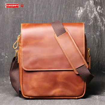 

New Genuine Leather Men's Bag Handmade Shoulder Messenger Bag Crossbody Bag Retro Fashion Cowhide Ipad Bags Crazy Horse Leather