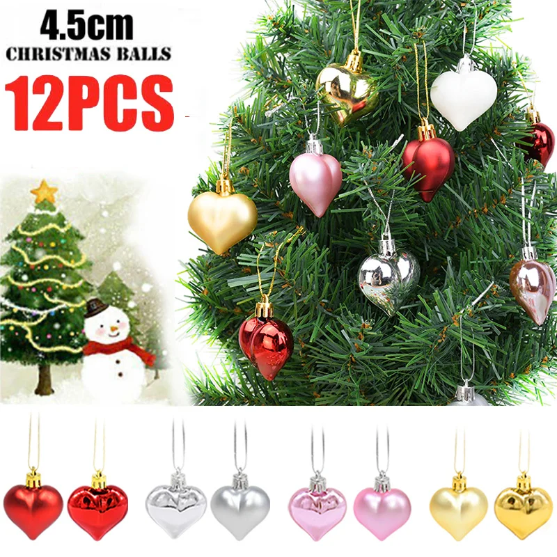 12pcs Gold Star Heart Christmas Ornaments Balls Xmas Tree Hanging Pendant Decorations for Home New Year Party Decor | Дом и сад
