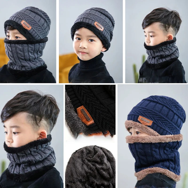 Winter Knitted Baby Beanie Hats Infant Kids Scarf Warm Coral Fleece Ear Warmers Baby Caps Turban Wool Fur Hats For Girl Boys