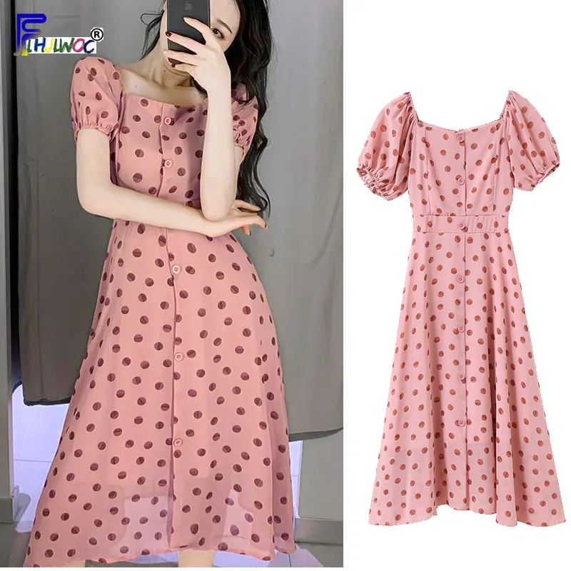 

French Dresses Pink Design Hot Sales Woman Fashion Ins Show Cute Sweet A Line Dot Button Shirt Dress Long 7827