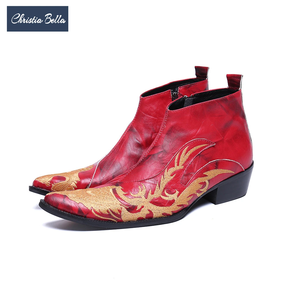 Botas vestir con de dragón para hombre, botines rojos con aumento de altura, puntiagudos, auténtico, vaquero|Botas básicas| -