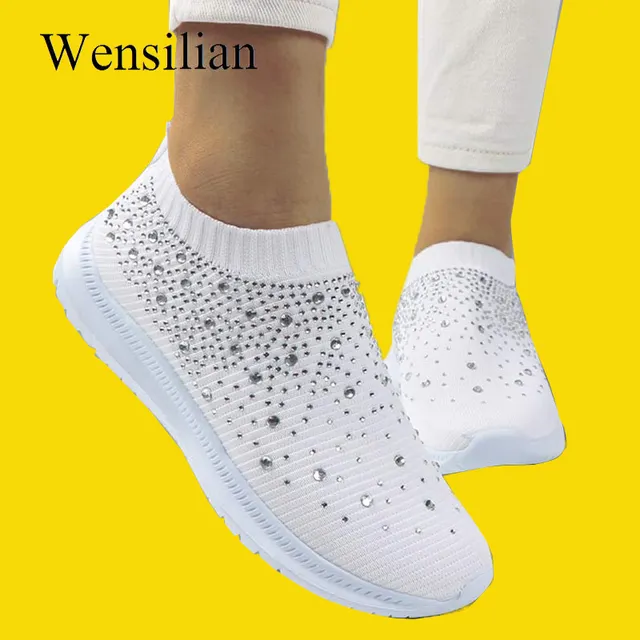 US $9.10 Women Sneakers Fashion Bling Sock Sneakers Vulcanized Shoes Ladies Trainers Slip on Loafers Tenis F