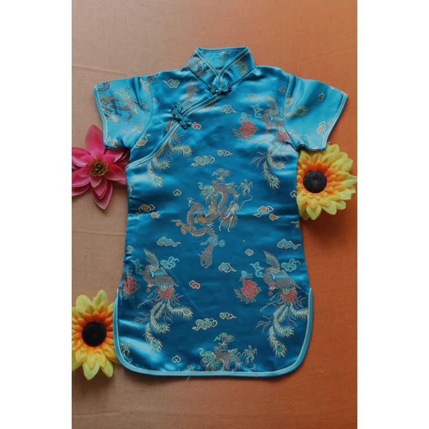 Chinese Traditional Costumes Princess Girls Dress Cheongsams Hanfu Tight Dragon&Phoenix Floral Kids Girls Kimono Satin Dress