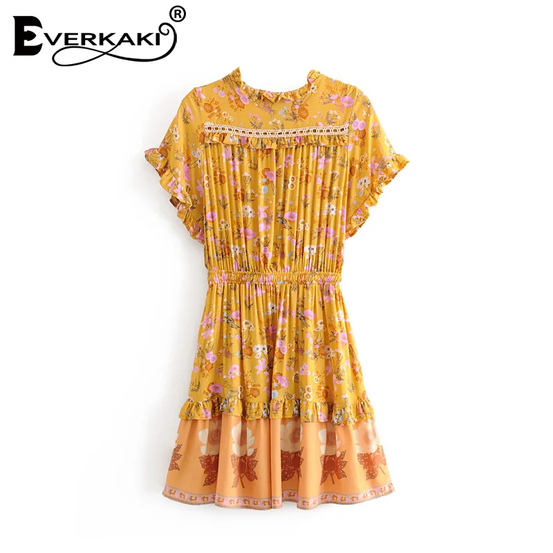 Everkaki/цыганское мини-платье с цветочным принтом для женщин, Vestidos, с кисточками, с завязками на шее, эластичные пояса, Boho, летние платья, женские,, Осенние