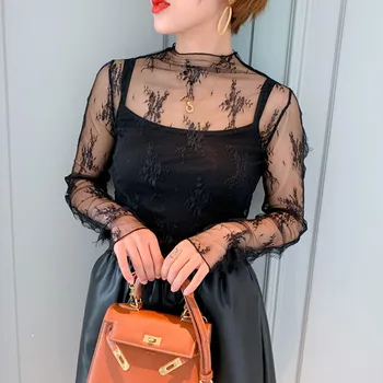 

Women Hollow Out Blouse Mesh Sexy Top Slim Perspective Blouses Long Sleeve Turtleneck Lace Shirt Blusas Mujer