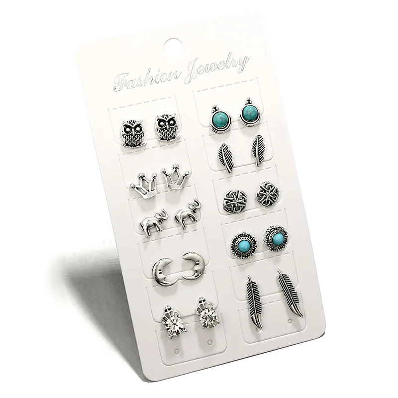 10Pairs/set Women Boho Silver Turquoise Earrings Set Jewelry Owl Crown Ear Stud