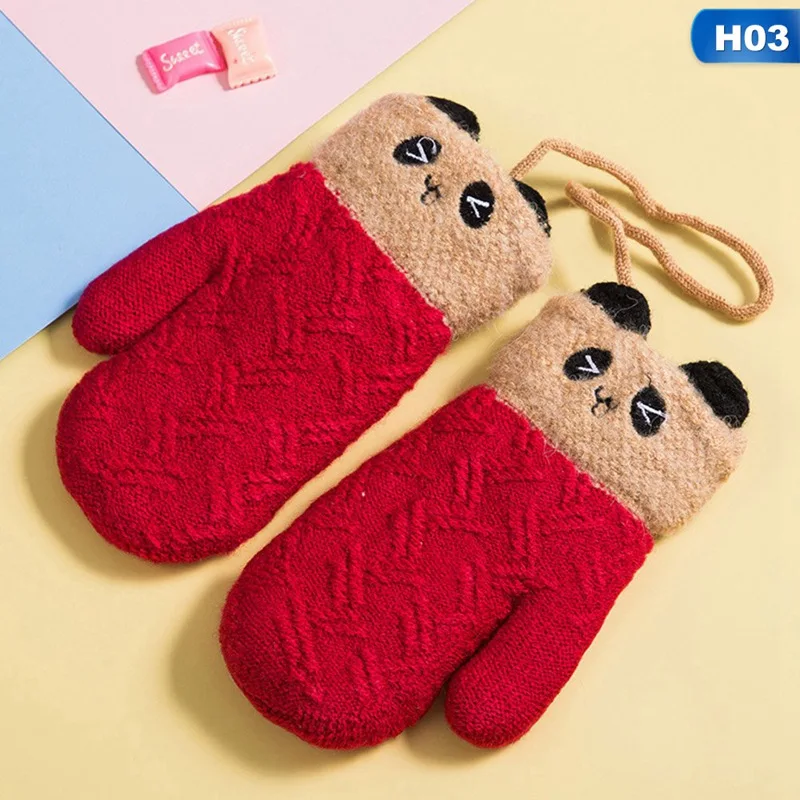 H03 1 пара милых детских перчаток с рисунками из мультфильмов, зимние бархатные плотные теплые перчатки для мальчиков и девочек, шерстяные вязаные детские варежки на палец - Цвет: H03