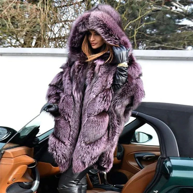 Purple Накидка из натурального Лисьего меха с капюшоном Женская куртка из натурального серебристого лисьего меха Длинная зимняя накидка из натурального меха Пончо Верхняя одежда - Цвет: Purple