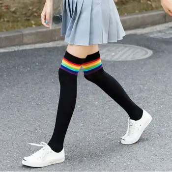

Women Girls Over Knee Thigh High Stockings Rainbow Stripes Patchwork Long Socks