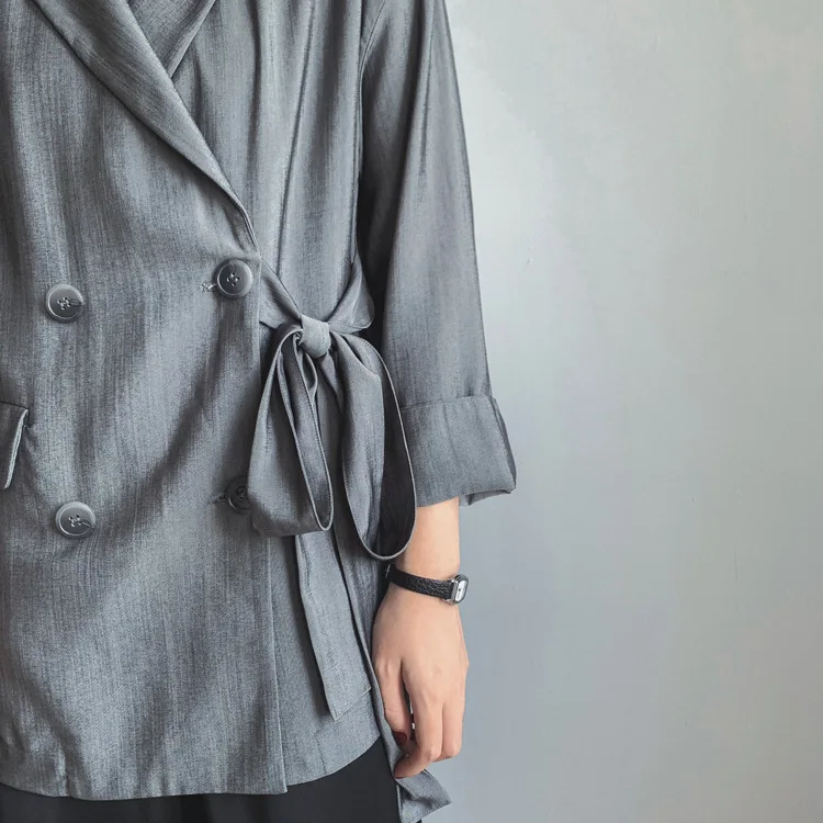 Черные повседневные блейзеры Tencel женские осенние шикарные двубортные свободные рабочие куртки Feminino элегантные свободные пальто офисные женские серые