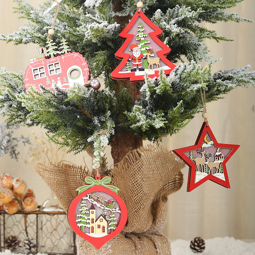 Креативный светодиодный светильник, подвесная подвеска на рождественскую елку, звезда, автомобиль, сердце, деревянные украшения, рождественские, вечерние, новогодние украшения
